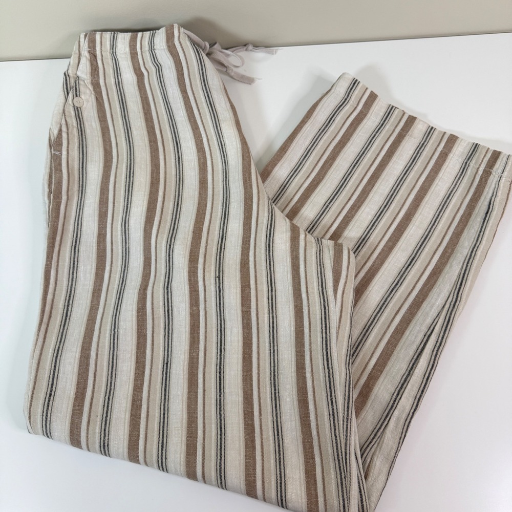 Chadwicks Womens 16 Wide Leg Linen Vertical Striped Pants Beachy Flowy Summer